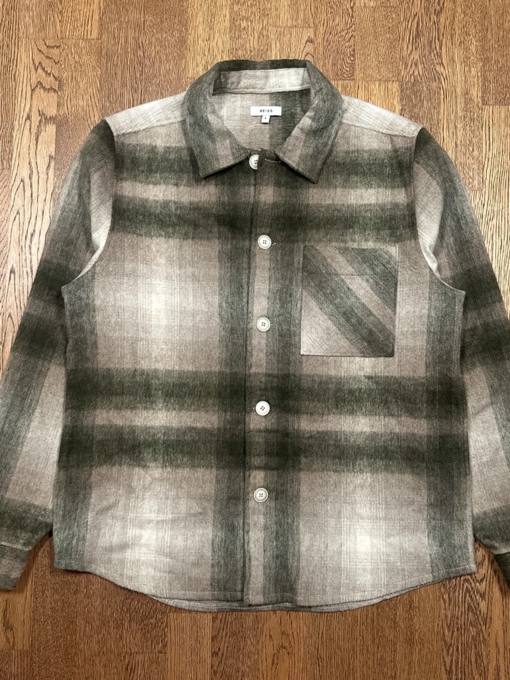 Reiss Bullet Wool Blend Flannel Fuzzy Green Tan Plaid Overshirt Jacket Mens L